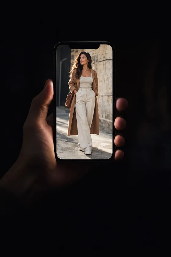 A hand holding a phone that shows an outfit photo