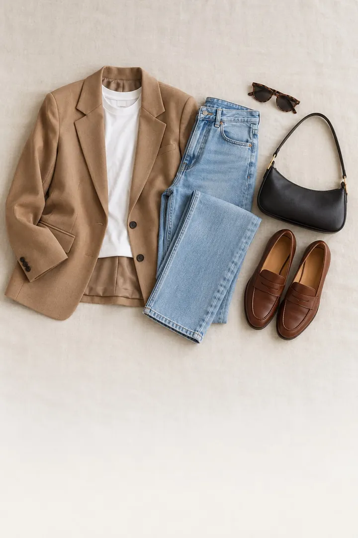 A camel blazer, white tee, light jeans, black bag and brown loafers laid out flat