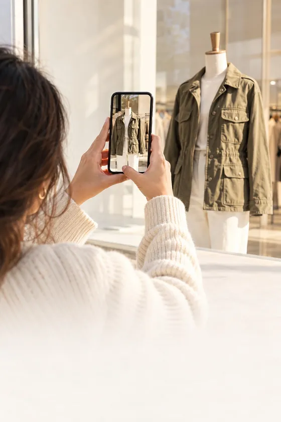 Someone photographing a jacket on a mannequin with their phone