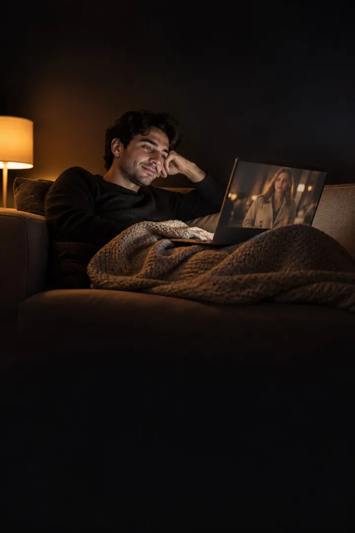 A man on a sofa late at night, scrolling through shops on his laptop