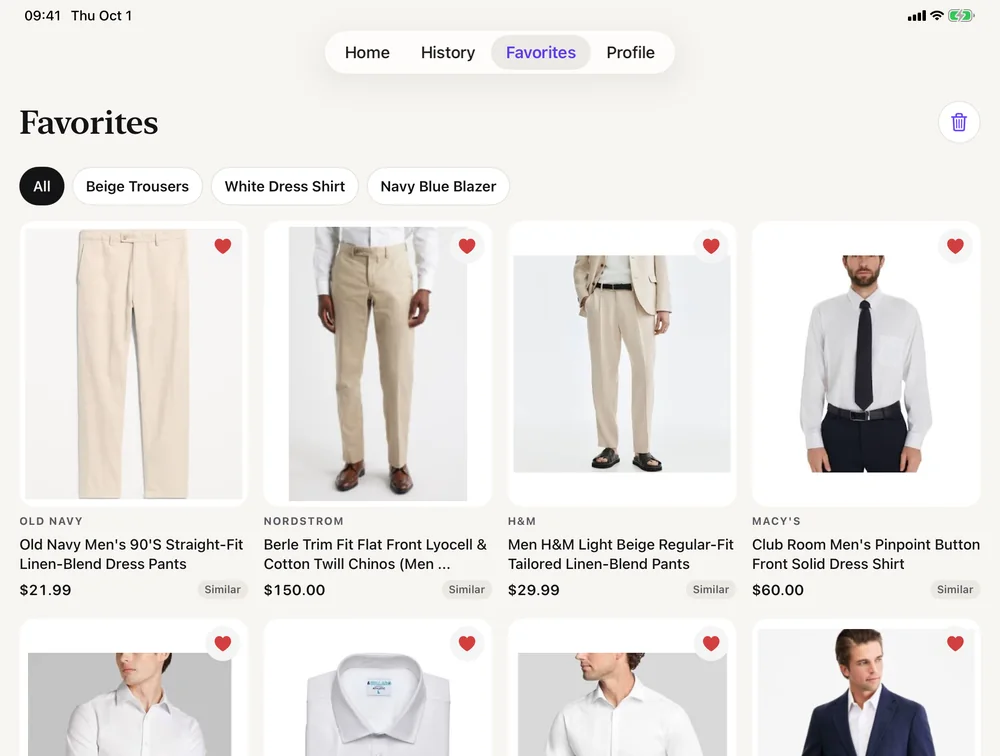 Lookhunt favorites on iPad, shown as a grid of saved clothes