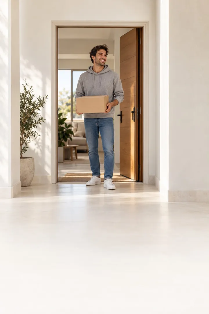 A smiling man at his front door holding a delivery box