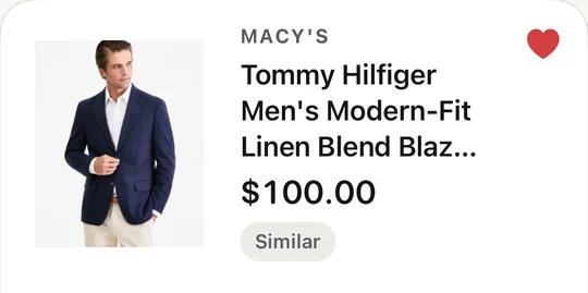 A Lookhunt result: a navy linen-blend blazer from Macy's, listed at $100.00