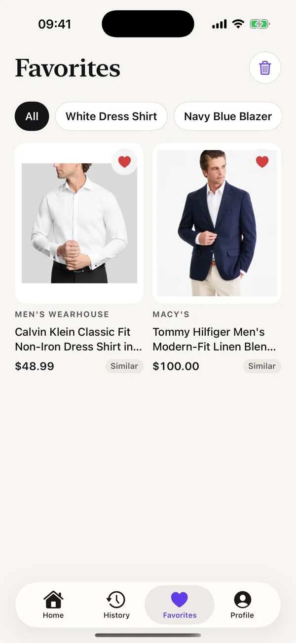 The Lookhunt favorites screen with a white shirt and a navy blazer