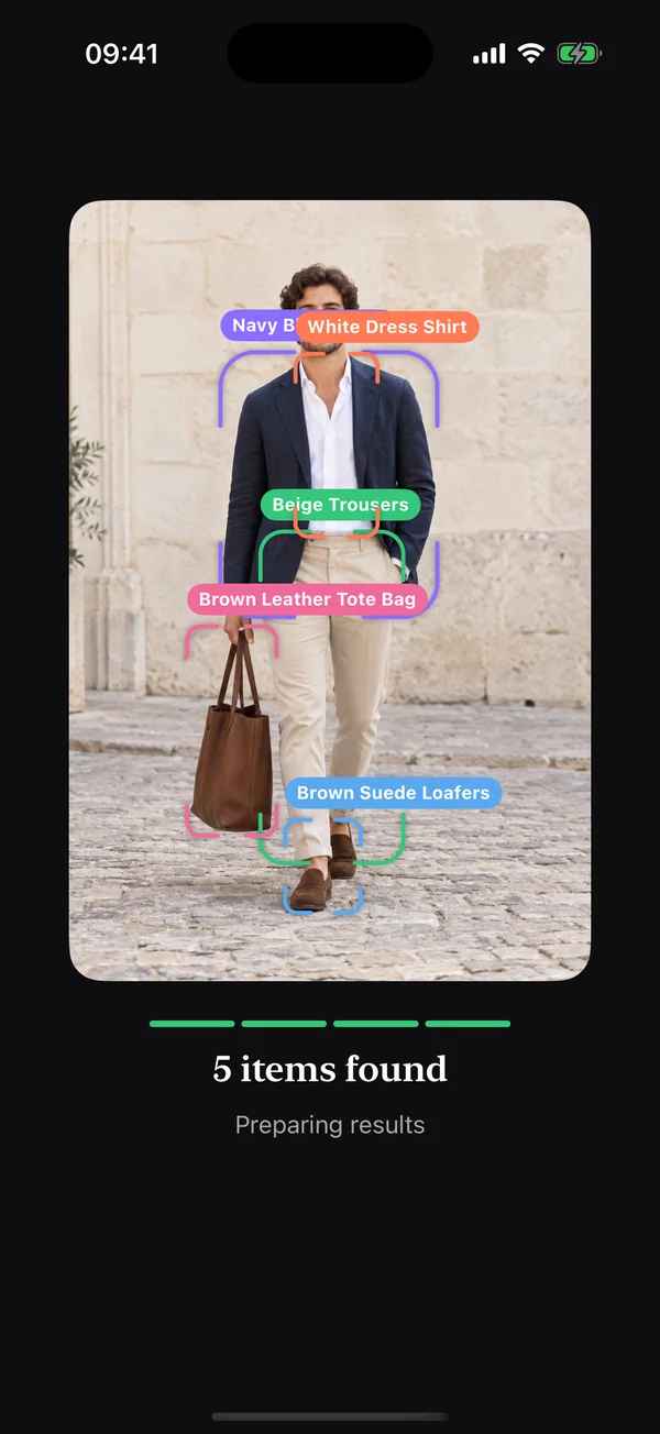 Lookhunt showing five items found in the photo