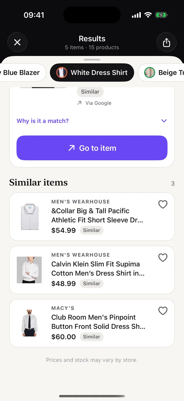 Similar shirts from several stores with their prices